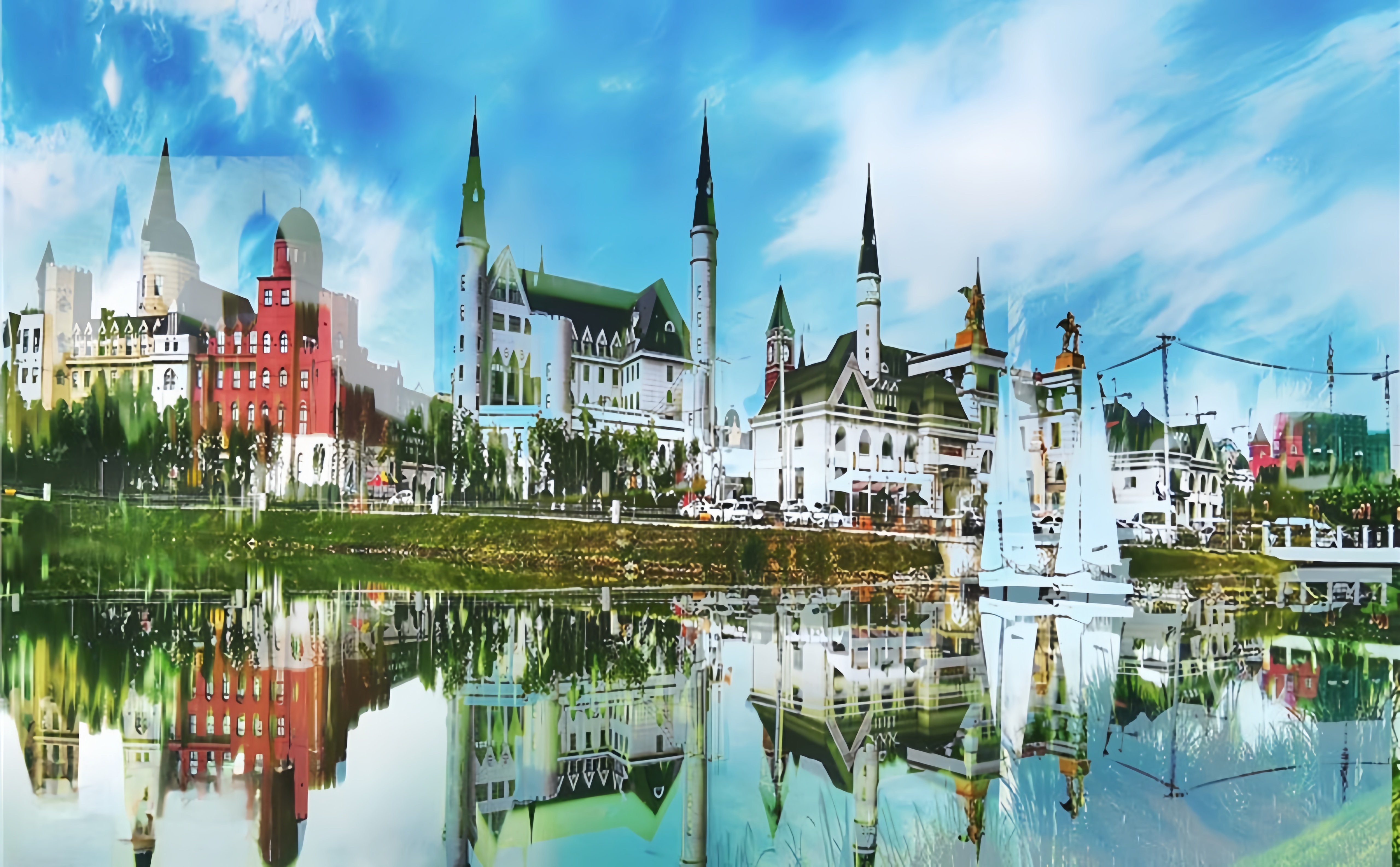 哈尔滨世界欢乐城欧式街区和湖景